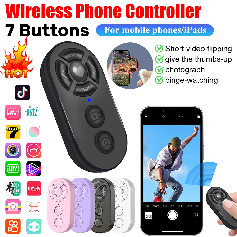 7 Buttons Remote Controller Rechargeable Bluetooth Smart Remote Selfie Stick Camera Controller for ios Android Photos and Videos