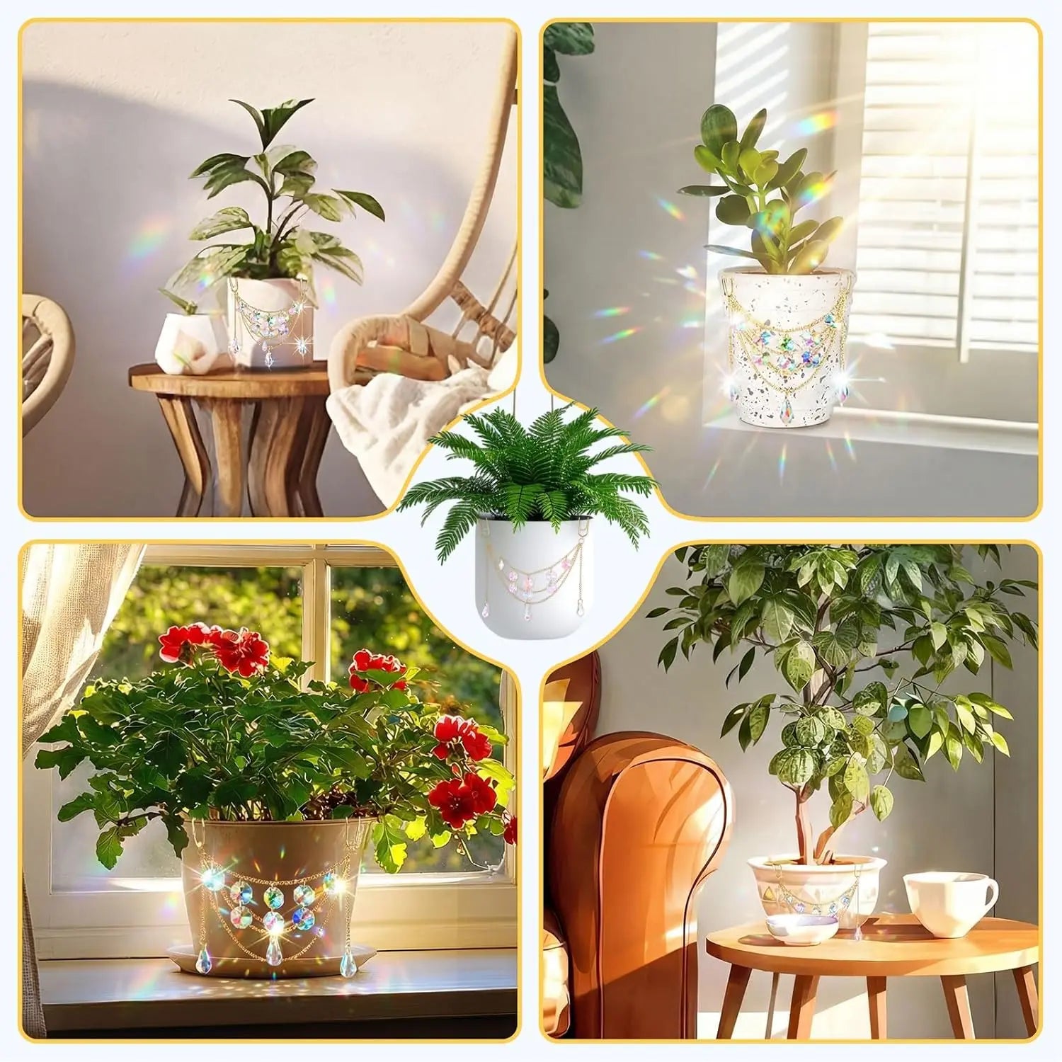 Sun Catcher Plant Hanger with Beads and Glass Crystal Beaded Plant Accessories for Indoor Home Rainbow Decor Pot Accessory