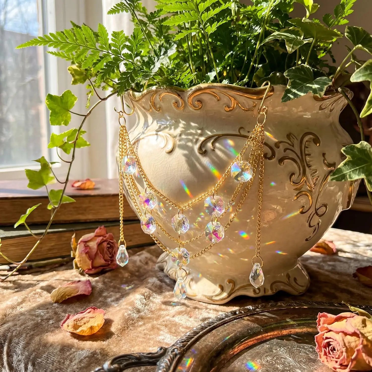 Sun Catcher Plant Hanger with Beads and Glass Crystal Beaded Plant Accessories for Indoor Home Rainbow Decor Pot Accessory