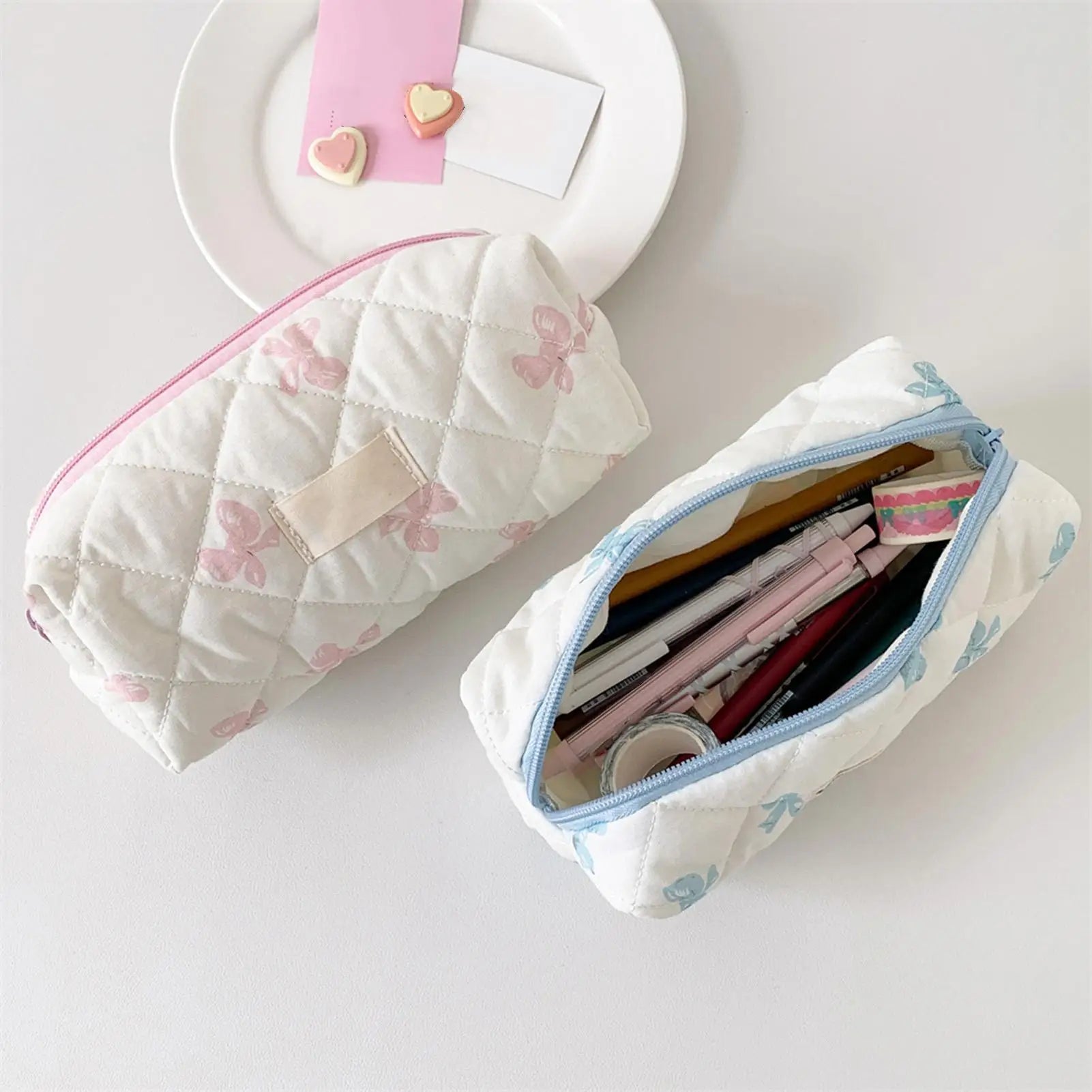 Pencil Case Cute Bow Pattern Storage Bag Pencil Case Cosmetic Organizer Portable Toiletry Makeup Pouch Student Stationery