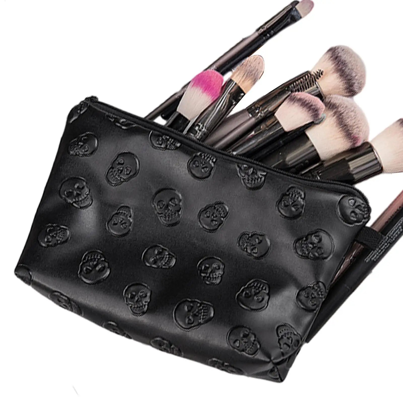 PU Leather Waterproof Skull Makeup Pouch Travel Cosmetic Bag Zippered Storage Bag for Skin Care Products Portable Black Bag