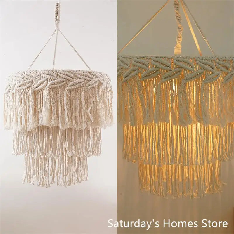 Handamde Macrame Chandelier  Macrame Lampshade Boho Hanging Lamp Cover Ceiling Pendant Light For Home Bedroom Chandeliers