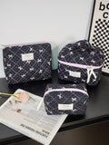 1pc/set Bow Quilted Makeup Bag, Multifunctional Portable Makeup Bag, Holiday Gift Makeup Bag, Travel Essential Makeup Bag