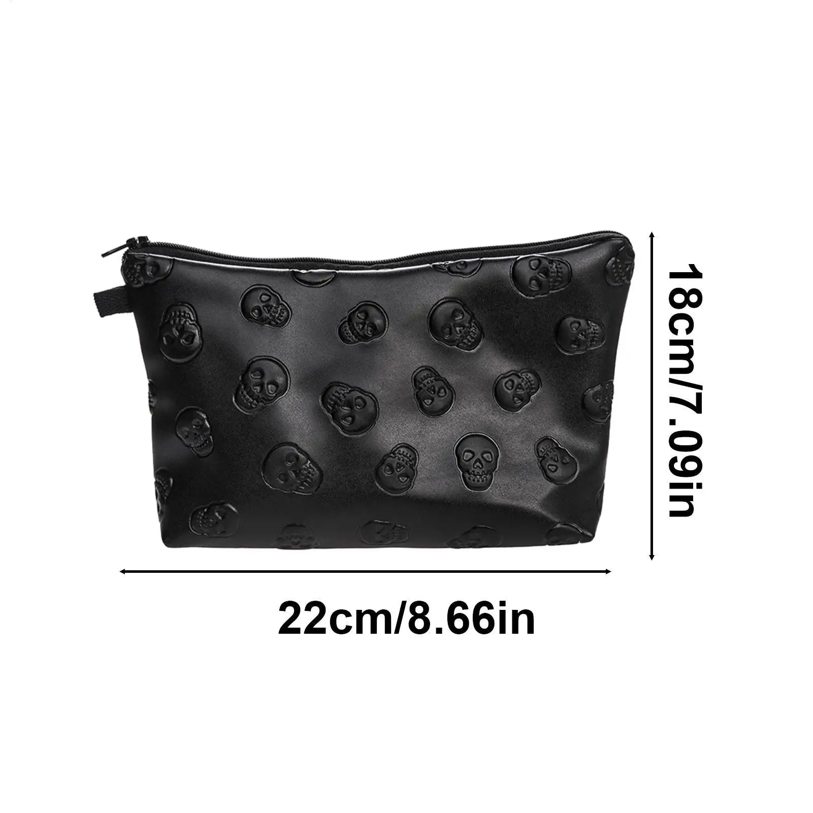 PU Leather Waterproof Skull Makeup Pouch Travel Cosmetic Bag Zippered Storage Bag for Skin Care Products Portable Black Bag