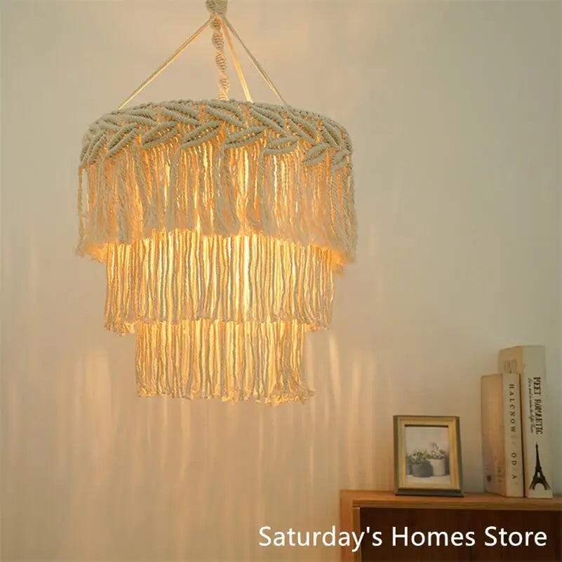 Handamde Macrame Chandelier  Macrame Lampshade Boho Hanging Lamp Cover Ceiling Pendant Light For Home Bedroom Chandeliers