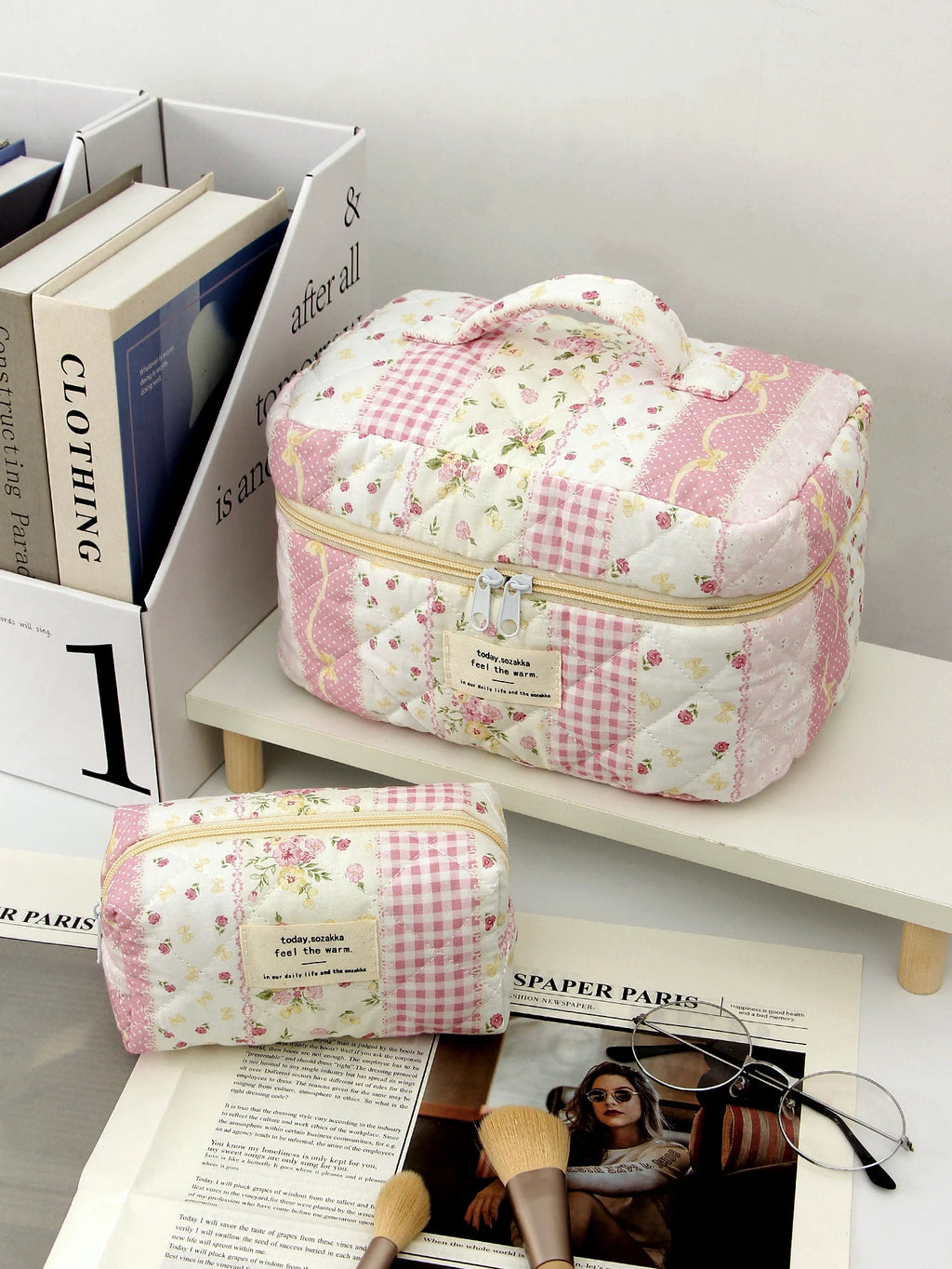 1pc/set pink quilted makeup bag, travel essential makeup bag, multifunctional makeup bag, cute large capacity makeup bag