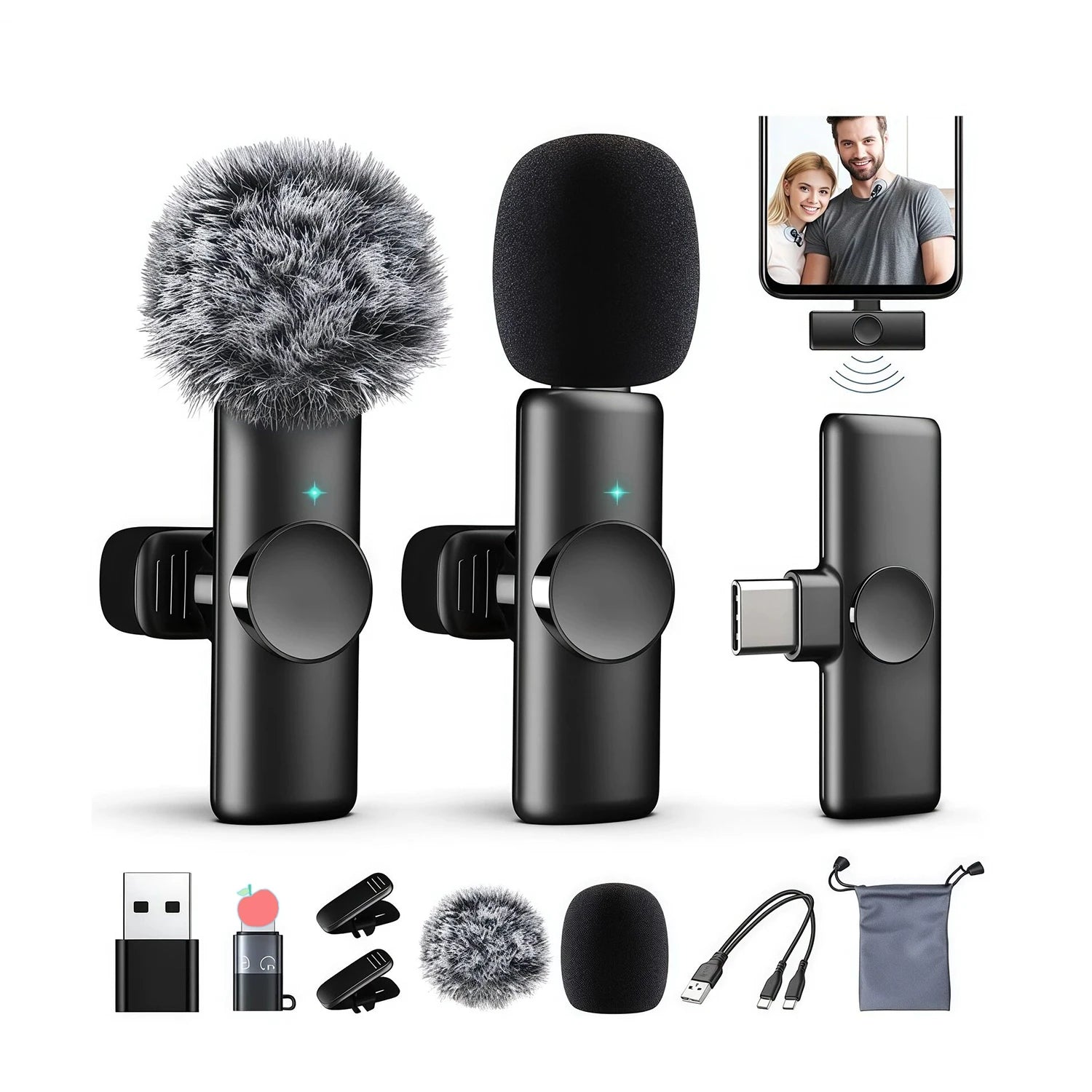 Mini K11 Wireless Lavalier Microphone Auto Noise Reduction Microphone 1 in 2 for Iphone Android Live Streaming/Video Recording