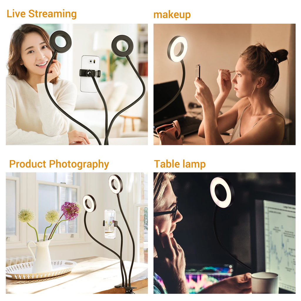 Long Arm Led Ring Fill Light USB Ring Light Fill-in Lamp Dual Lights Dimmable Ring Lamp with Phone Holder for Live Streaming