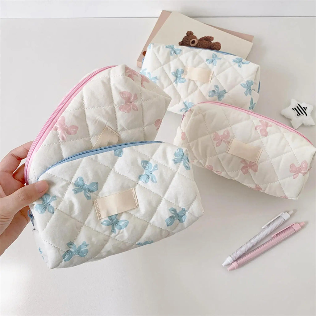 Pencil Case Cute Bow Pattern Storage Bag Pencil Case Cosmetic Organizer Portable Toiletry Makeup Pouch Student Stationery