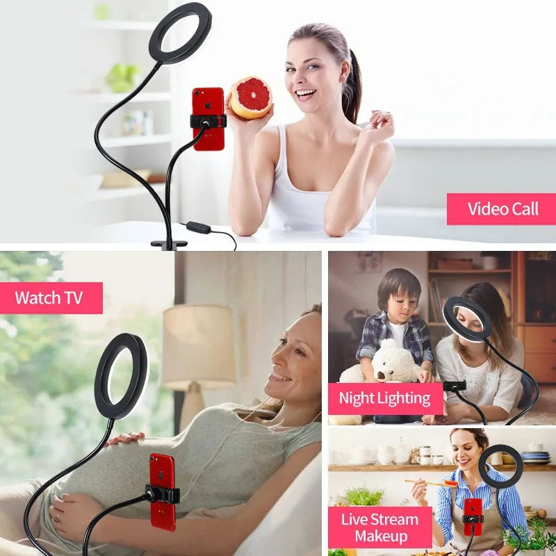 Long Arm Led Ring Fill Light USB Ring Light Fill-in Lamp Dual Lights Dimmable Ring Lamp with Phone Holder for Live Streaming