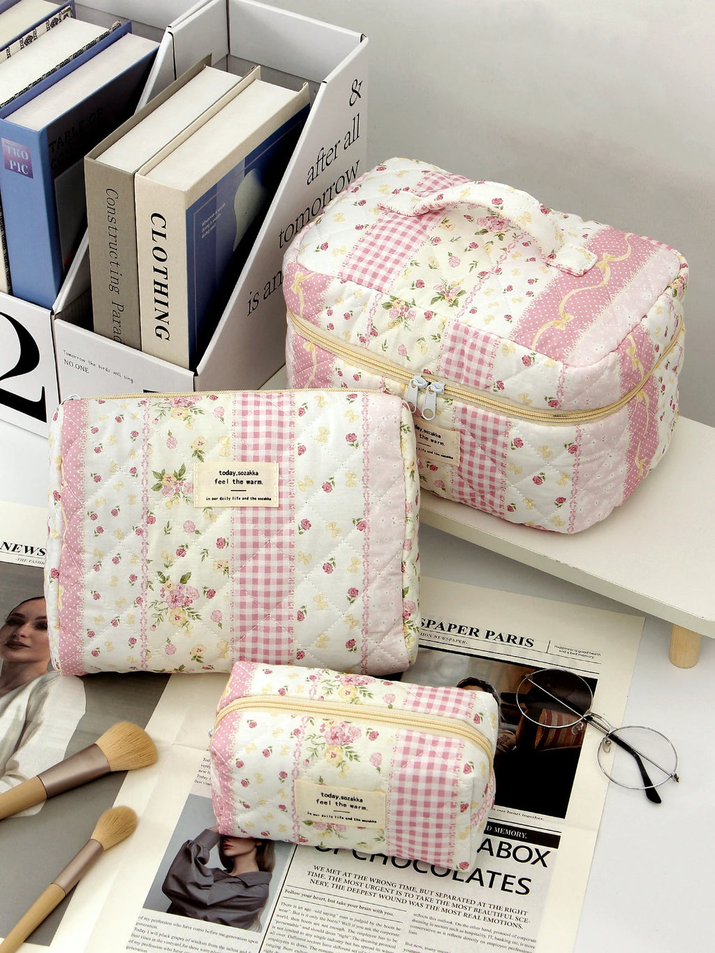 1pc/set pink quilted makeup bag, travel essential makeup bag, multifunctional makeup bag, cute large capacity makeup bag