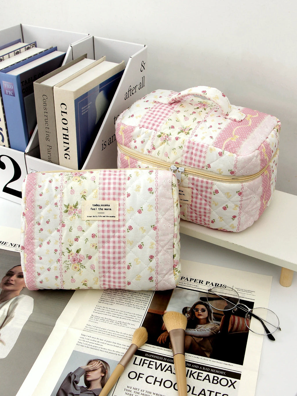 1pc/set pink quilted makeup bag, travel essential makeup bag, multifunctional makeup bag, cute large capacity makeup bag