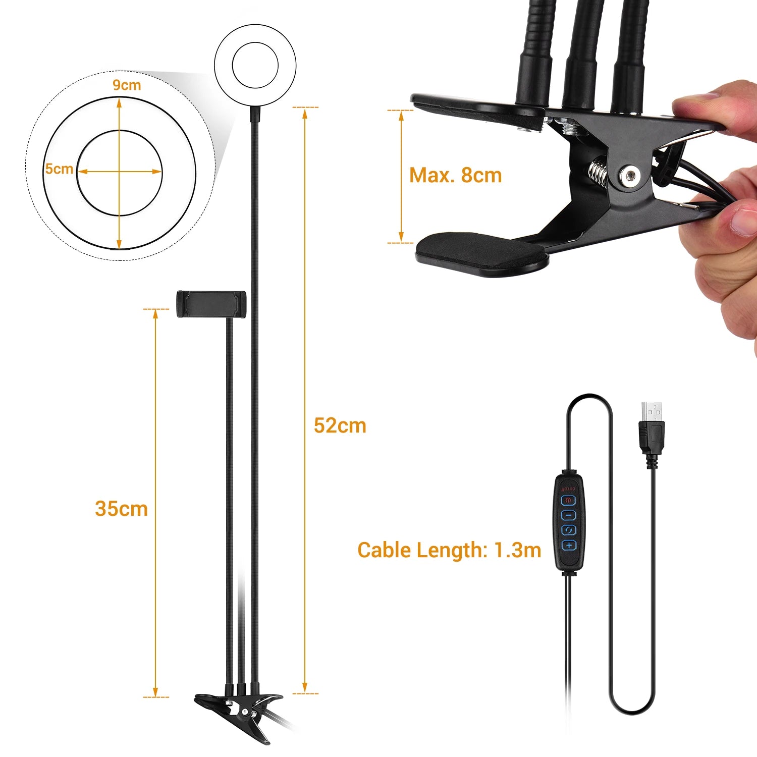 Long Arm Led Ring Fill Light USB Ring Light Fill-in Lamp Dual Lights Dimmable Ring Lamp with Phone Holder for Live Streaming