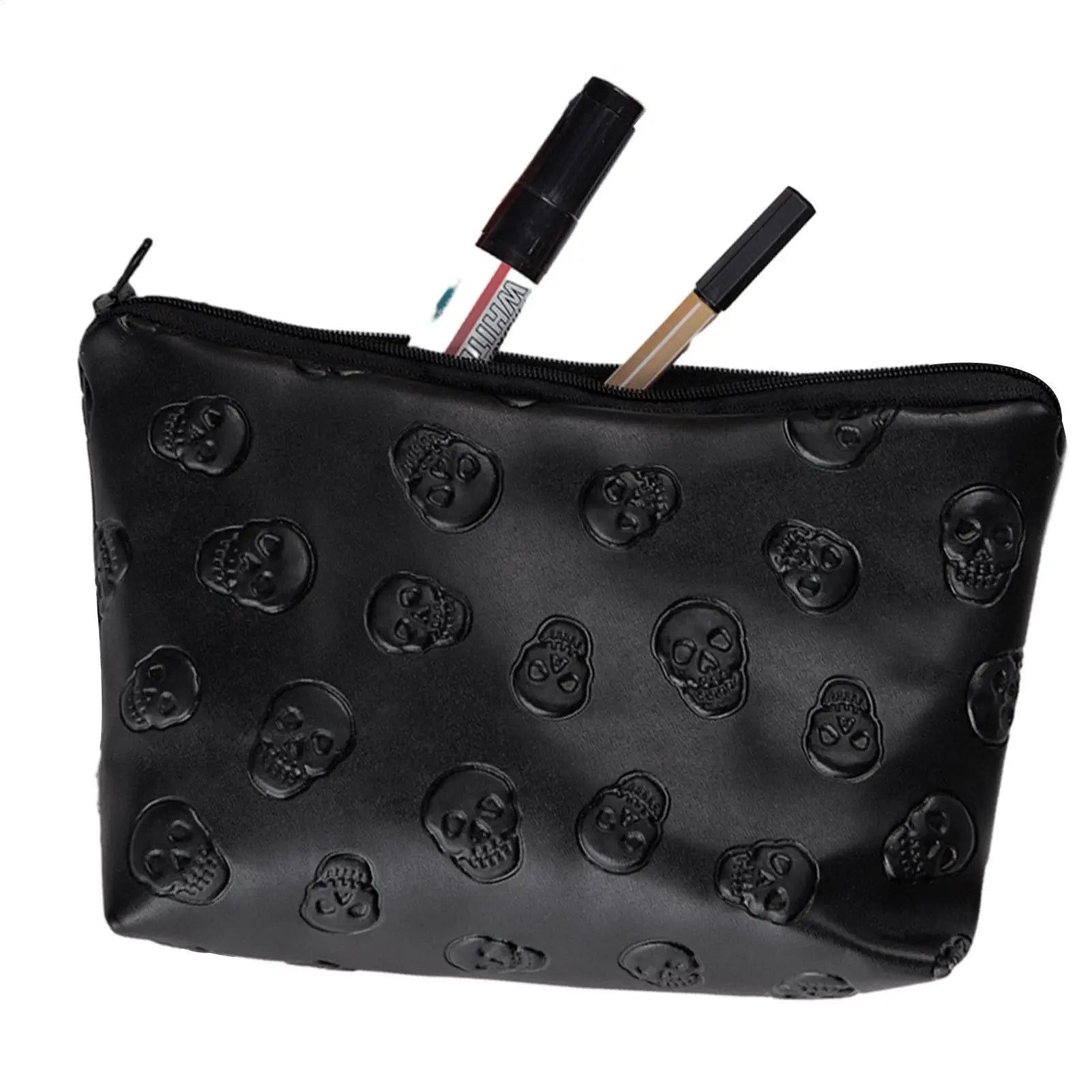 PU Leather Waterproof Skull Makeup Pouch Travel Cosmetic Bag Zippered Storage Bag for Skin Care Products Portable Black Bag