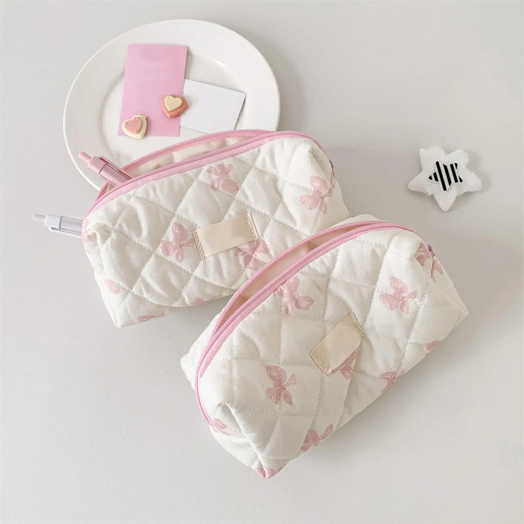 Pencil Case Cute Bow Pattern Storage Bag Pencil Case Cosmetic Organizer Portable Toiletry Makeup Pouch Student Stationery
