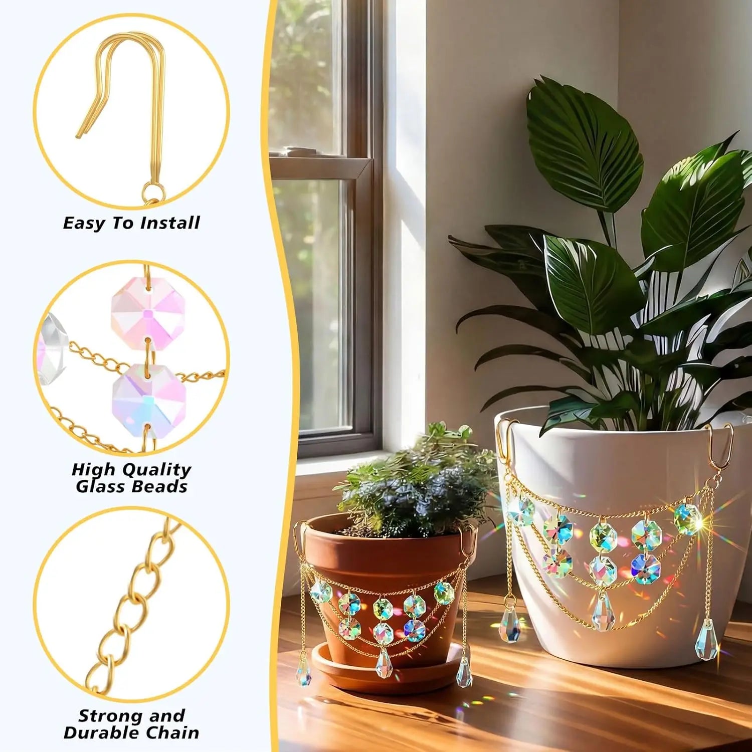 Sun Catcher Plant Hanger with Beads and Glass Crystal Beaded Plant Accessories for Indoor Home Rainbow Decor Pot Accessory